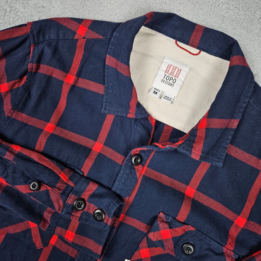 Topo Designs‎ (Men's Medium) Blue Red Plaid Flannel Button Up Shirt Loop Collar